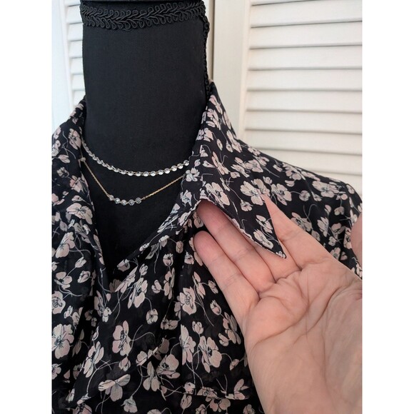 CHAPS 1978 Top Womens L Black Pink Ruffled Floral Flutter Sleeve Chiffon Blouse - Picture 5 of 13
